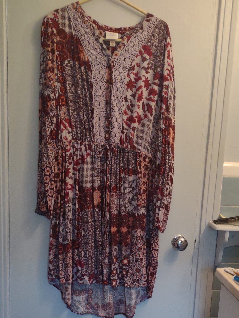 Knox Rose Burgundy Rust Multi Boho Patchwork Long Sleeve Dress